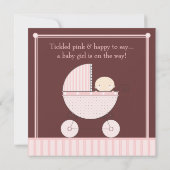 ピンク色の赤ちゃんシャワーに乗る愛らしい赤ちゃん女の子 招待状 (裏面)