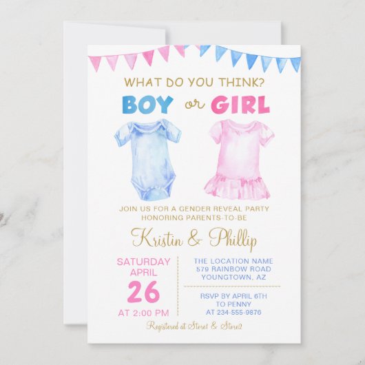 ピンク色の赤ちゃんシャワーを明らかにする男の子または女の子 招待状 (正面)