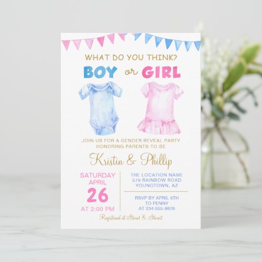 ピンク色の赤ちゃんシャワーを明らかにする男の子または女の子 招待状 (スタンド正面)