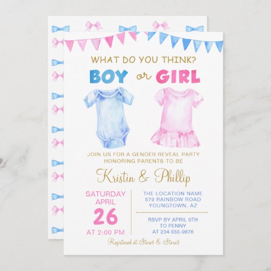 ピンク色の赤ちゃんシャワーを明らかにする男の子または女の子 招待状 (正面/裏面)