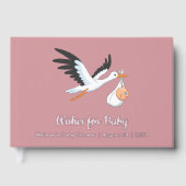 ピンク色の赤ちゃんシャワーフォイルにコウノトリ ゲストブック (正面)