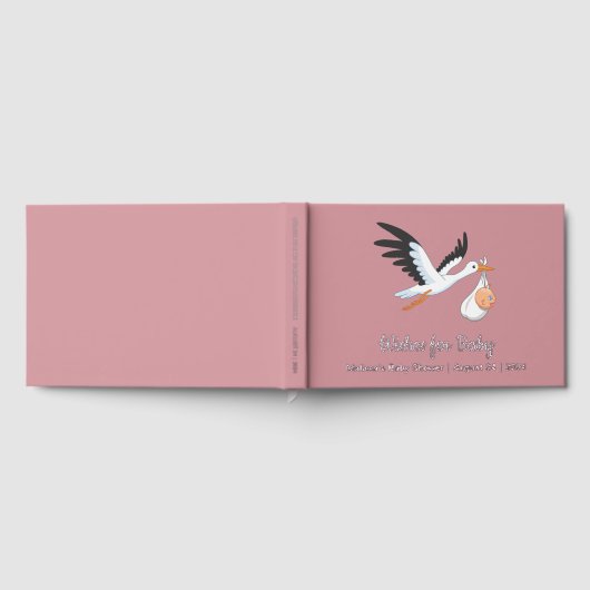 ピンク色の赤ちゃんシャワーフォイルにコウノトリ ゲストブック (全面)