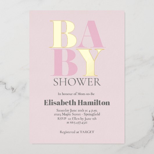 ピンク色の赤ちゃんシャワー 箔招待状 (正面)