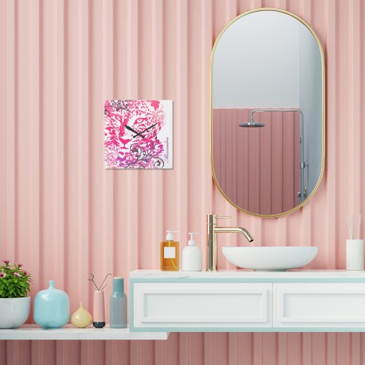 ピンク色の野生のネコのチーターと華やかな スクエア壁時計