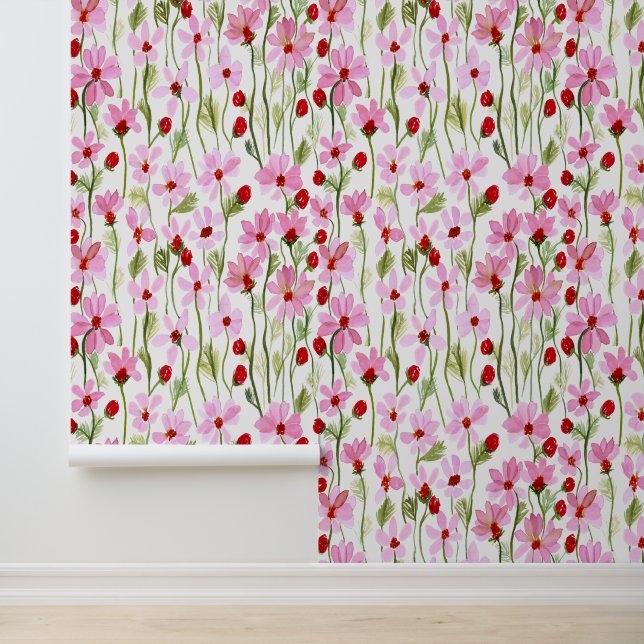 ピンク色の野生の花の水彩畑 壁紙 (アプリケーション)