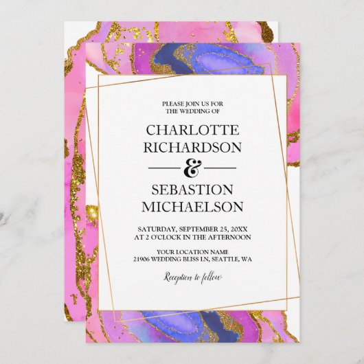 ピンク色の金ゴールドグラデーションアゲート結婚ト 招待状 (正面/裏面)