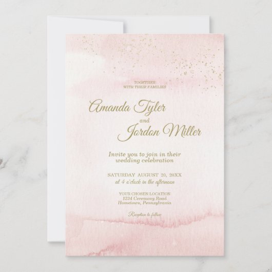 ピンク色の金ゴールドタイプ結婚All In One 招待状 (正面)