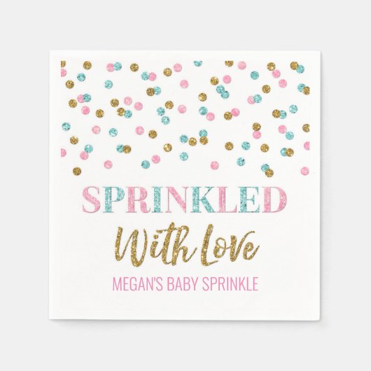 ピンク色の金ゴールド紙吹雪に愛を振りかけたもの スタンダードカクテルナプキン (正面)