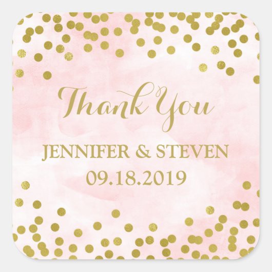 ピンク色の金ゴールド紙吹雪結婚のラベル スクエアシール (正面)