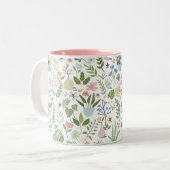 ピンク色の鉢植え草花が緑 ツートーンマグカップ (正面左)