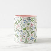 ピンク色の鉢植え草花が緑 ツートーンマグカップ (中央)