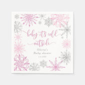 ピンク色の銀色の雪の結晶ベビーその冷たい外 スタンダードカクテルナプキン (正面)