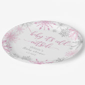 ピンク色の銀色の雪の結晶ベビーその冷たい外 ペーパープレート (アングル)