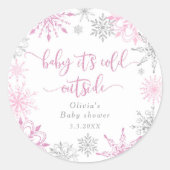 ピンク色の銀色の雪の結晶ベビーその冷たい外 ラウンドシール (正面)