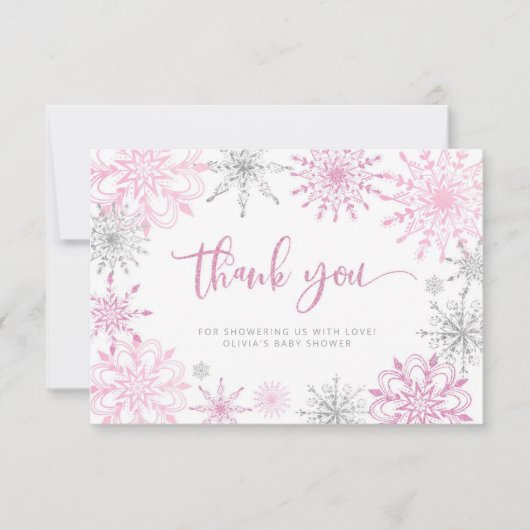 ピンク色の銀色の雪の赤ちゃん感謝していシャワーあなた サンキューカード (正面)