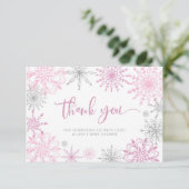 ピンク色の銀色の雪の赤ちゃん感謝していシャワーあなた サンキューカード (スタンド正面)
