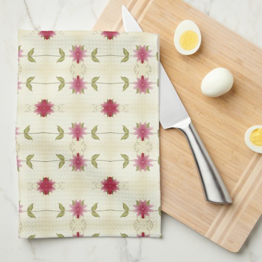 ピンク色の開花で緑色の白とトープを持つ キッチンタオル (四つ折り)