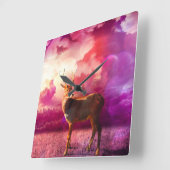 ピンク色の雲の中の鹿 スクエア壁時計 (傾斜)
