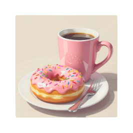 ピンク色の霜の付いたドーナツとコーヒー メタルプリント