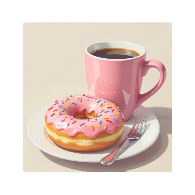 ピンク色の霜の付いたドーナツとコーヒー メタルプリント (正面)
