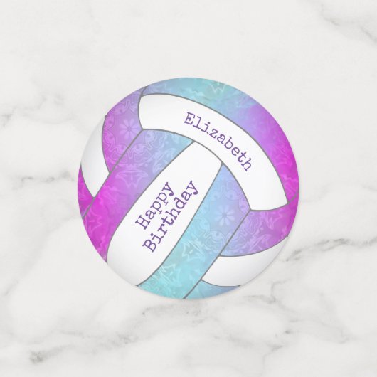 ピンク色の青いカラフルバレーボール誕生日 コンフェッティ (スモール正面)
