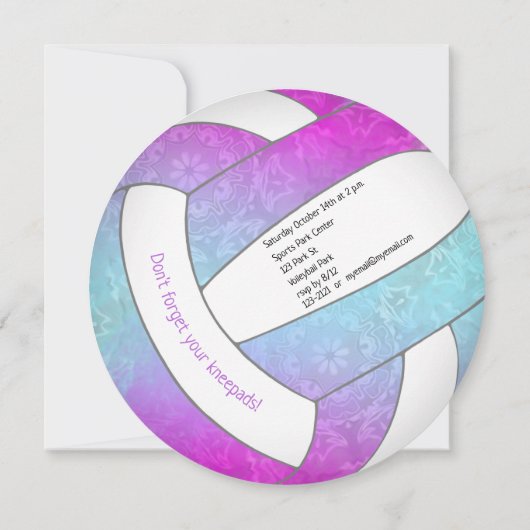 ピンク色の青いカラフルバレーボール誕生日 案内状 (裏面)