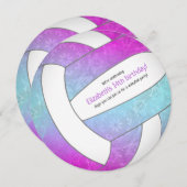 ピンク色の青いカラフルバレーボール誕生日 案内状 (正面/裏面)