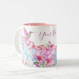 ピンク色の青いフローラの枝(鳥付) ツートーンマグカップ