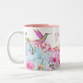 ピンク色の青いフローラの枝(鳥付) ツートーンマグカップ (左)