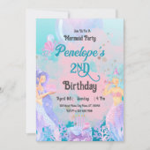 ピンク色の青い人魚をテーマにした誕生日パーティー 招待状 (正面)