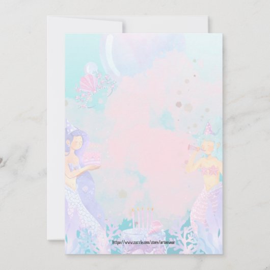 ピンク色の青い人魚をテーマにした誕生日パーティー 招待状 (裏面)