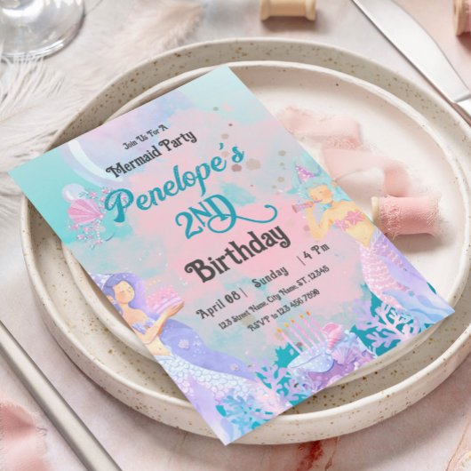 ピンク色の青い人魚をテーマにした誕生日パーティー 招待状