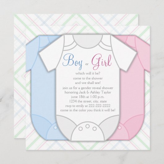 ピンク色の青い格子柄のジェンダーが赤ちゃんのシャワーを明らかにする 招待状 (正面/裏面)