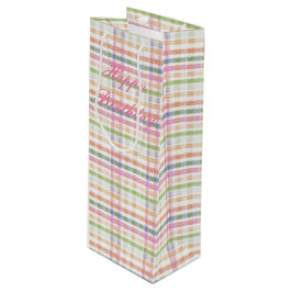 ピンク色の青い格子模様 ワインギフトバッグ