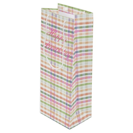 ピンク色の青い格子模様 ワインギフトバッグ (正面アングル)