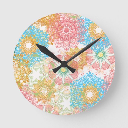 ピンク色の青い花の壁時計 ラウンド壁時計 (正面)
