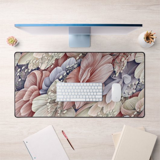 ピンク色の青い花離れのテーマ デスクマット (オフィス1)