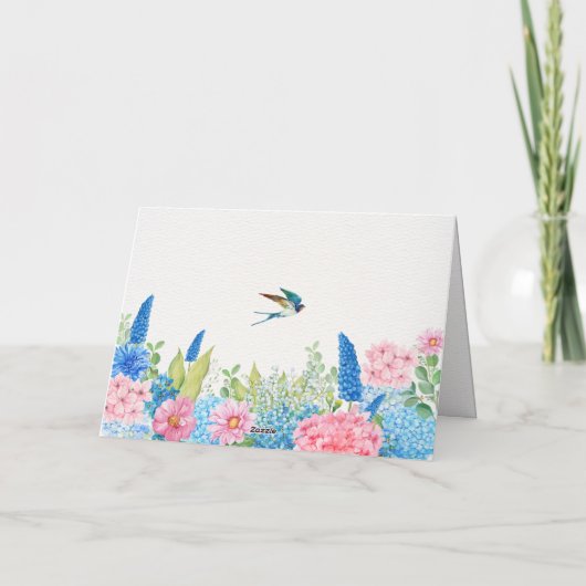 ピンク色の青い花鳥 カード (裏面)