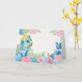 ピンク色の青い花鳥 カード (黄色い花)