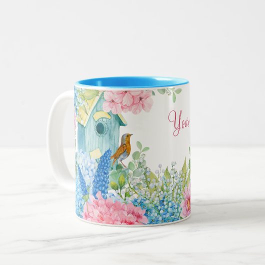 ピンク色の青い花鳥 ツートーンマグカップ (正面左)