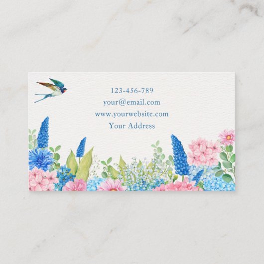ピンク色の青い花鳥 名刺 (裏面)