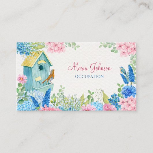 ピンク色の青い花鳥 名刺 (正面)