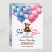 ピンク色の青い風船が性別を明らかにする 招待状 (正面/裏面)