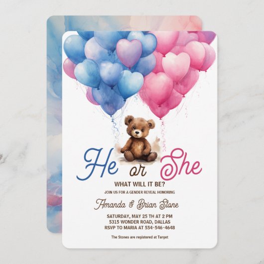 ピンク色の青い風船が性別を明らかにする 招待状 (正面/裏面)