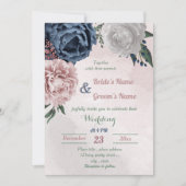 ピンク色の青と白のフローラの結婚緑 招待状 (正面)