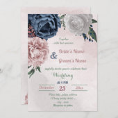 ピンク色の青と白のフローラの結婚緑 招待状 (正面/裏面)
