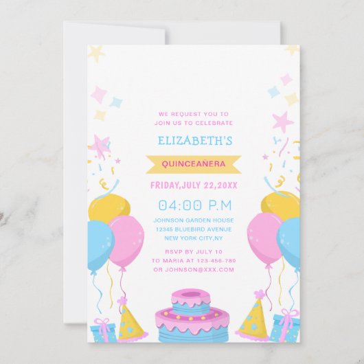 ピンク色の青と黄色のカラフル鮮やかキンセニェラ 招待状 (正面)