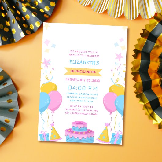 ピンク色の青と黄色のカラフル鮮やかキンセニェラ 招待状