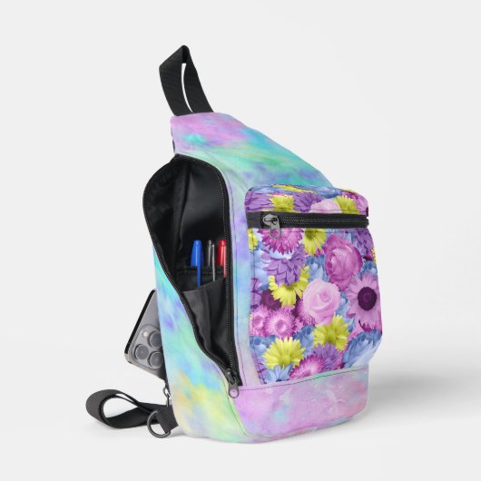 ピンク色の青紫色の花とグラデーション スリングバッグ (見開き)