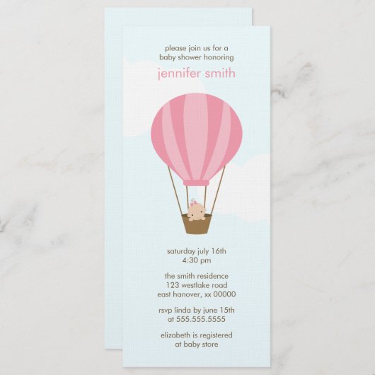 ピンク色の風船で赤ちゃんをシャワー浴びる少女 招待状 (正面/裏面)